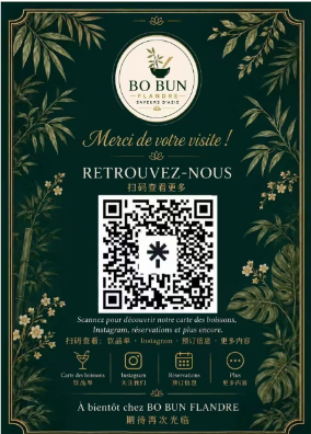 Carton Bo Bun Flandre — QR code vers la carte des boissons, Instagram et reservations